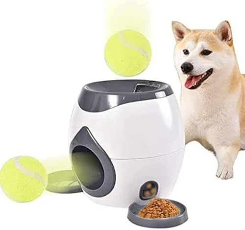 Automatic Dog Ball Launcher, Indoor Ball Thrower for Dogs with Treat Dispensing Tray, Interactive Dog Toy for Mental Stimulation and Stress Relief, No Power Needed, Includes 2 Tennis Balls, Grey