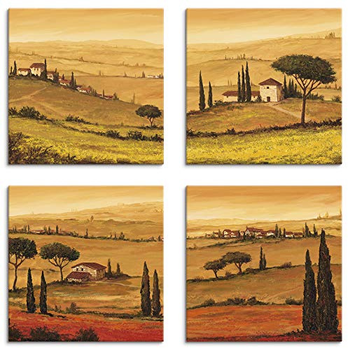 ARTLAND Wanddeko Leinwand Bilder Set 4tlg. je 40x40 cm Quadratisch Wandbilder Landschaft Italien Malerei Ocker Rapsfeld Mohnfeld Toskana K2QN