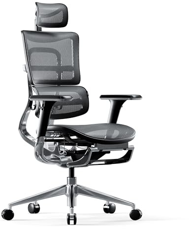 Diablo V-Master komfort ergonomisk kontorsstol justerbar sits nackstöd justerbara armstöd justerbar fotpall hög kvalitet höjdjusterbart nät (grå-svart)