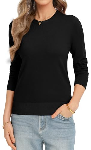 QUALFORT Women's Black Crewneck Lightweight Sweater Pullovers Black Medium