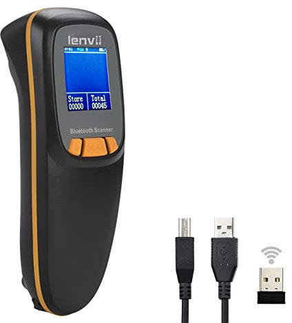 LENVII Mini Wireless Barcode Scanner Bluetooth 3-in-1 Portable Barcode Reader kabellos 1D/2D/QR Code Scanner mit Display Barcode Leser Win/Android/iOS für Geschäft, Supermarkt, Lager(Schwarz)