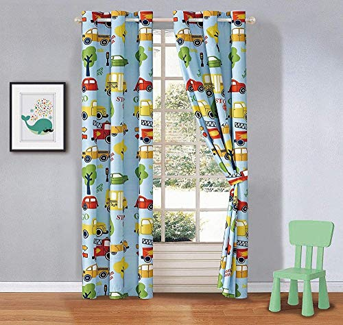 Printed Thermal Insulated Curtains Eyelet Blackout Curtains for Kids Bedroom Multicolor school bus fire truck engine car trees parking sign