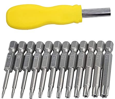 Puntas de Destornillador Torx,12 piezas Alloy Steel Juego Destornilladores Torx,Imantadas Hexagonal Eléctrico Puntas Atornillador,50mm,Con Mango de Destornillador(Color Aleatorio)