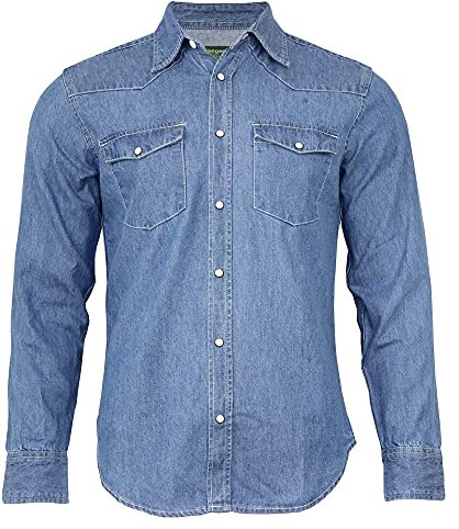 Hanger Lane Men's Long Sleeve Western Traditional Regular Fit Casual Flap Pocket Denim Shirt Top (Light Blue, M, m)