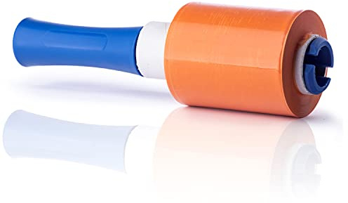 WPTrading - 3 x Rolle Mini Stretchfolie 10 cm x 150 lfm (23my) Orange inkl. 1 x Hand-Abroller - Packfolie aus LDPE - Wickelfolie klein - Handstretch-Folie zum Verpacken - Schutzfolie für Umzug & Möbel