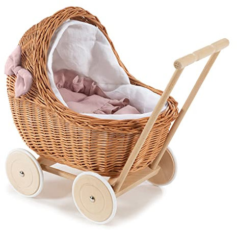 e-wicker24 DESAYER PUPPENWAGEN AUS WEIDE MIT LEINEN BETTWÄSCHE, Spielzeug AUS WEIDEN, NATÜRLICHE KINDERSPIELZEUG, EIN Geschenk FÜR EIN Kind (Rosa)