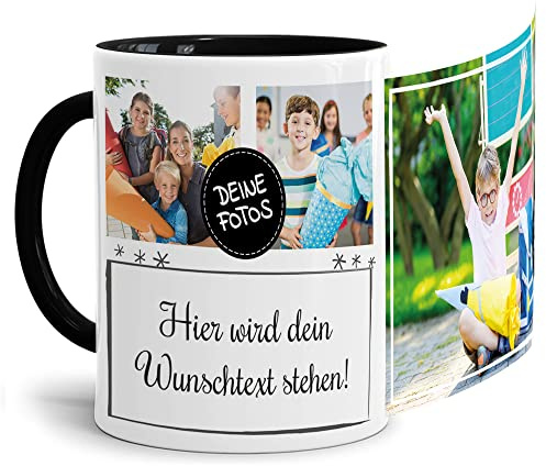 Foto-Tasse selbst gestalten mit Text & Collage für 3 Fotos - Geschenk für Familie, Freunde, Geburtstag, Weihnachten - Keramik Innen & Henkel Schwarz, 300 ml I Personalisiert