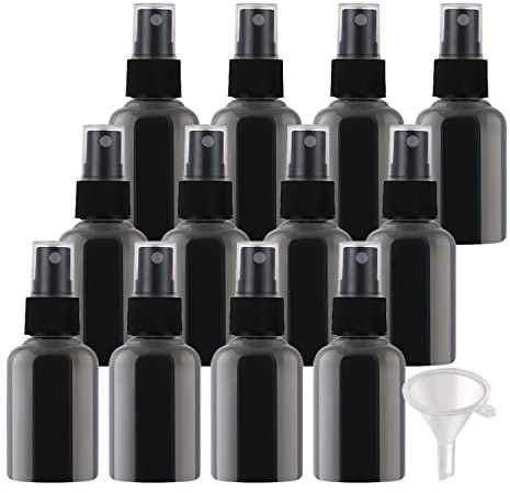 ZEOABSY 12 Piezas 50ml Botella de Spray Vacía Plástico Negro 38MM x 99MM, Atomizador de Viaje Conjunto de Botellas, con Pulverizador de Niebla Fina Negro para Aromaterapiacon 1 Embudo
