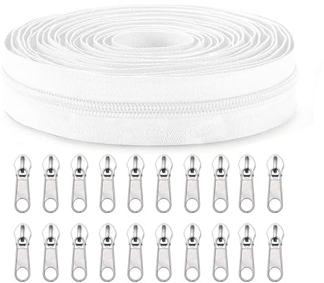 Sawoake #5 Nylon Coil Reißverschlüsse Bulk 9 Meter mit 20pcs Reißverschluss Schieber für DIY Nähen Schneider Handwerk Tasche Kleidungsstück Home Textile(Weiß)