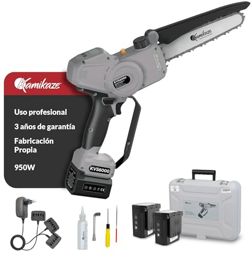 KAMIKAZE KVS6000 Mini Motosierra a Batería 21V, 6” 800W, Sierra Eléctrica Recargable con 2 Baterías 4Ah y Cargador Triple, Motosierra Portátil Inalámbrica con Luz LED, Maletín y Kit de Accesorios