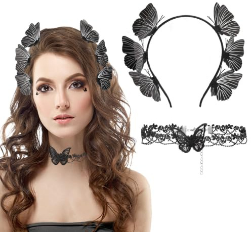 HOWAF Schmetterling Kostüm Damen, Schmetterling Haarreif Haarband, Haarspangen, Halskette, Temporäre Tattoos für Halloween Karneval Fasching Kostüm