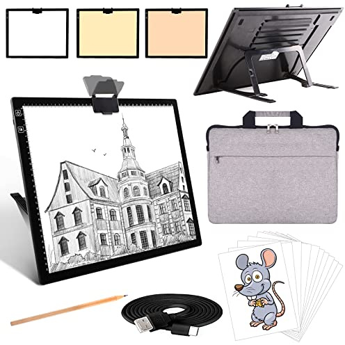 Elice Wiederaufladbares A3-Lichtpad mit Tragetasche, oberer Clip, faltbarer Ständer, 3 Farben/6 Stufen/stufenlose dimmbare Helligkeit, kabellose Lichtbox/Tafel für Diamantmalerei, Cricut-Jäten Vinyl