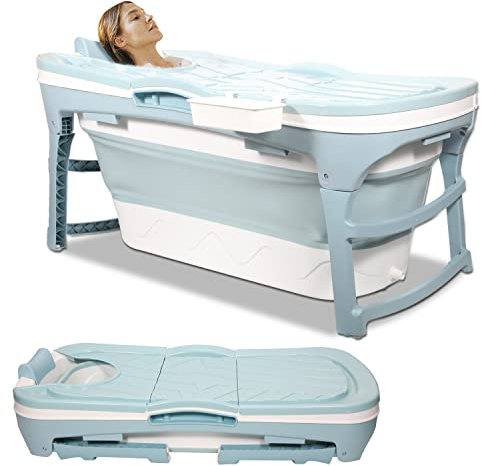 Joparri - Vasca da bagno pieghevole per adulti, adatta per bagno, doccia e balcone. Ideale per bagni piccoli, dotata di cestino per il sapone e cuscino cervicale, pratica e portatile (118, blu)