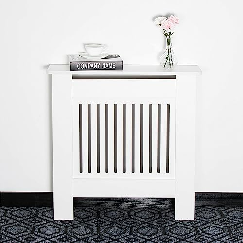 AL AJAL Radiator Cover Modern MDF Wood White Vertical Slat Living Room Bedroom Hallway Cabinet (Small)