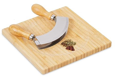 Relaxdays Mezzaluna con Tagliere 20 x 20 cm, Coltello a Doppia Lama Trita Erbe, Acciaio Inox e bambù, Naturale Argentato