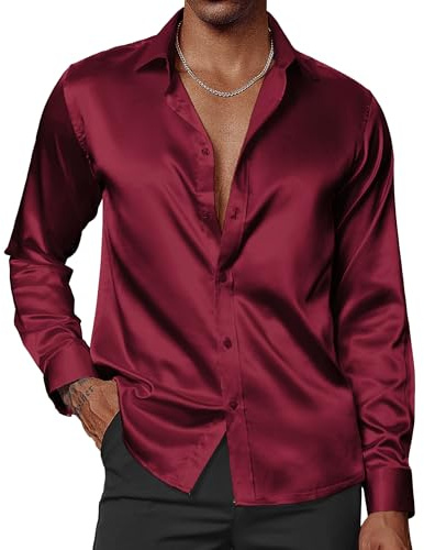 PJ Paul Jones Camicie da Uomo in Raso Lucido a Maniche Lunghe, con Bottoni in Seta, con Papillon, Rosso Scuro, L