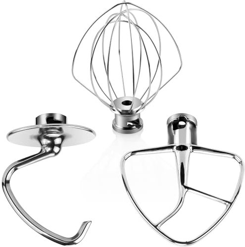 TOMOON Kitchen Mixers Accessories Stainless Steel 3-Piece Kit Compatible with Kitchen aid Lift Stand Mixer K45DH Dough Hook K45B Coated Flat Beater K45WW Wire Whip