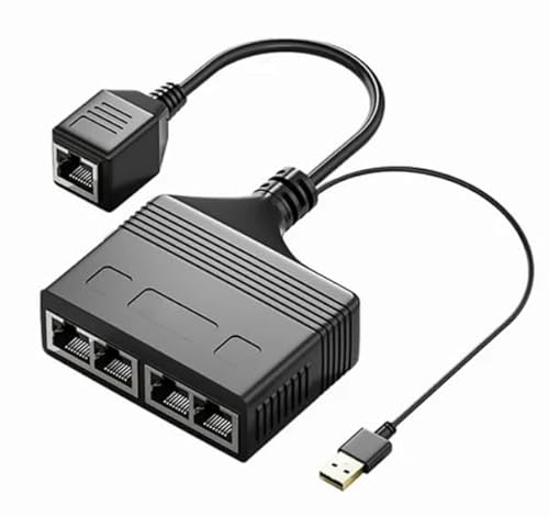1000Mbit/s RJ45 Ethernet 1 auf 4 Splitter Adapter, 4 Ports zur Gleichzeitigen Nutzung, Hohe Geschwindigkeit Internet LAN Steckdosenverlängerung mit USB Stromkabel