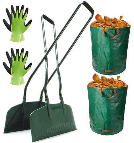 HYQNG Laubgreifer, Garten-Laubgreifer mit langem Metallgriff, 2 Stück Gartenabfallsäcke 270 l und 2 Paar Gartenhandschuhe, Handschaufel für Haselnussblätter, Handrechen für Blätter, Grasschnitt, Müll
