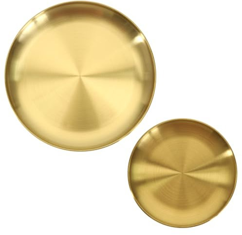 LT Easiyl 2 Stück Goldenes Tablett Rundes Aufbewahrungstablett Rundes Tablett aus Edelstahl Goldene Kreisförmige Dekorative Platte für Wohnzimmer Badezimmer Hotels Restaurants