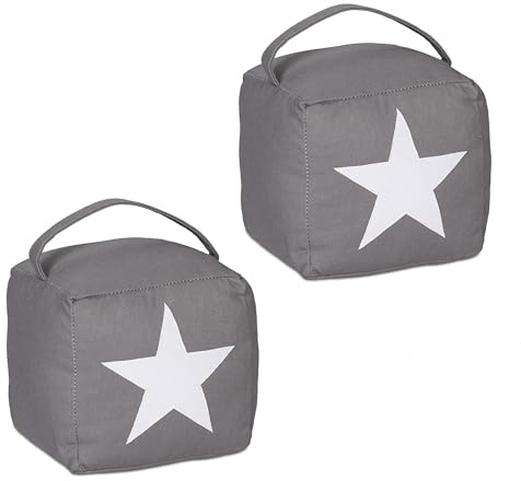 Relaxdays Butoir de Porte, Lot de 2, avec Anse, 18 x 15 x 15 cm, Motifs étoile, Tissu & Sable, Gris/Blanc