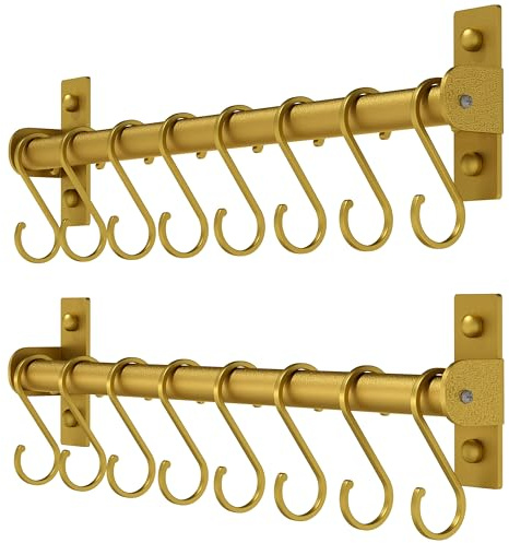 Dseap Kitchen Utensil Holder Hanger, Pot and Pan Rack Wall Mounted, Kitchen Rail with 8 Hooks for Hanging Cooking Utensils, Mugs, Spoons, Wall Mounted, Gold, Pack of 2