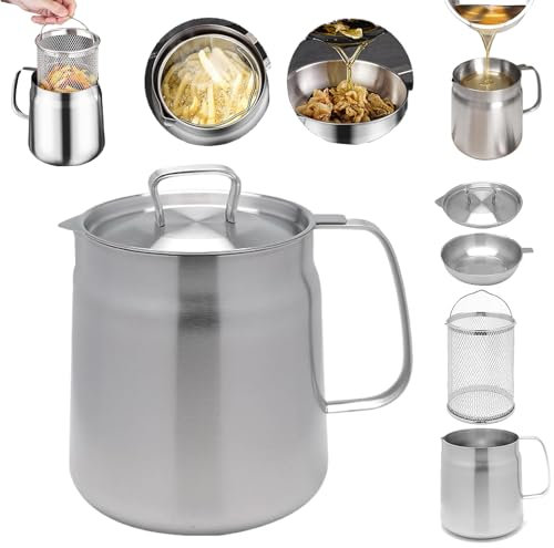 Stainless Steel Oil Filter Pot, 304 Stainless Steel Large Capacity Versatile Oil Filter Vessel, Multi-Functional Oil Filter Tank, Kitchen Cooking Oil Filter with Fried Basket (1PCS-2L)