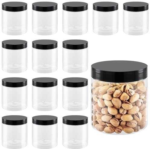 JEUIHAU 15 Pack 16oz(500ml) Plastic Spice Jars With Lids, Clear Plastic Storage Jar for Kitchen Dry Food, Snack, Peanut, Powder, Spice