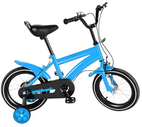 KumuJ 14 Zoll Kinderfahrrad mit Stützrädern Fahrrad,Jungen Mädchen Kinder Fahrrad für ab 3-6 Jahre Fahrräder Kinderrad Ausbildungsfahrzeuge,56 cm auf 67 cm Höhe Einstellen (Blau)
