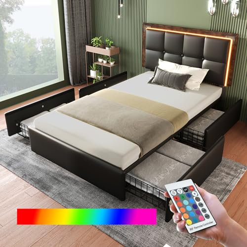 Bett 90x200 mit LED und 4 Schubladen, Polsterbett 90x200cm mit Höhenverstellbarem Kopfteil, Einzelbett mit Stauraum und Lattenrost, Stauraumbett Jugendbett Kinderbett Bettgestell aus PU -Schwarz