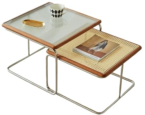 SCBTGKLN Satztisch-Couchtisch, 2er-Set, Moderne Rustikale Wohnzimmertisch, Quadratischer Stapelbarer Beistelltisch, Beistelltische mit Metallrahmen, Rattangeflecht und Glastischplatte(Red)