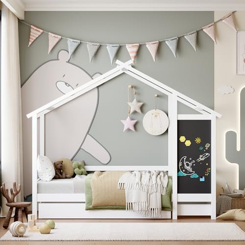 BEIJIALY Kinderbett Hausbett 90 x 200 cm, Holzbett mit Schubladen und Lattenrost, Babybett mit Stauraum, Holzbett mit Tafel und 2 Schubladen, Massivholz mit Zaun und Lattenrost