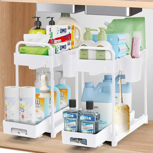 NEWHEY Lot de 2 Rangement sous Évier avec Tiroir Coulissant, Organisateur sous evier Cuisine Rangement 2 étages, Rangement et Organisation de Cuisine,Blanc