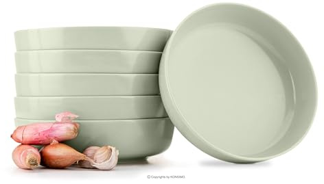 Konsimo. Lot de 6 assiettes creuses élégantes en céramique - Assiettes à pâtes et assiettes creuses pour 6 personnes - Assiettes à salade VICTO passent au micro-ondes - 18,5 cm - Beige/vert mat