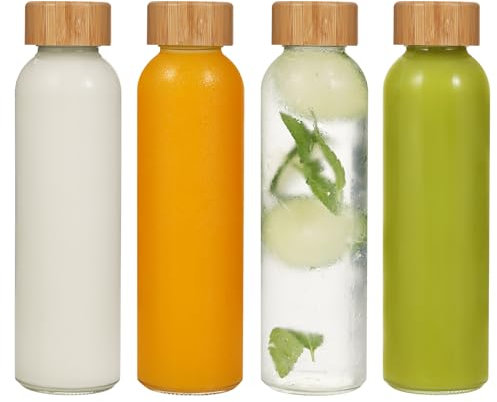 LIMILI Glass Bottles With Bamboo Lids, 4 Pack 500ML Water Bottles, Leak Proof Reusable Drinking Bottles for Hot Cold Drinks, Work, Gym, Home (500ml - 4pcs)