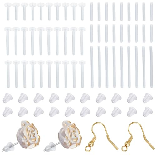 Beebeecraft 100 pieza de 5 estilos de Fundas para Pendientes Tubo Transparente de Plástico para Orejas Sensibles Protectores para Perforaciones con 100 piezas de Tuercas de Silicona para Orejas