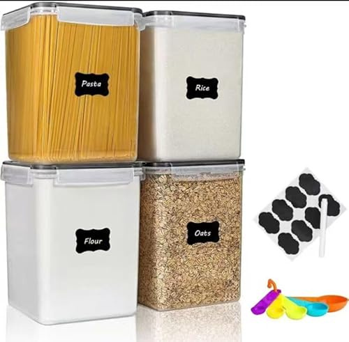 stusgo 4 Pieces 5.2L / 175oz Large Food Storage Containers, BPA Free Plastic Airtight Canisters for Flour, Sugar, Baking Supplies, Rice with Lids, Measuring Cups and Labels, Black