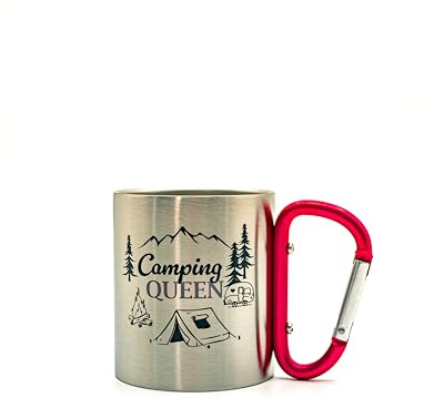 LivuX Metallbecher mit pinkem Karabinerhenkel Camping Queen Höhe=8cm, Durchmesser =7cm, Fassungsvermögen: 200ml Abenteuerbecher 1107