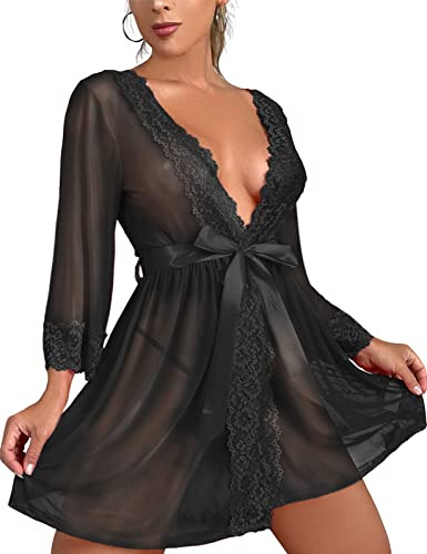 Tuopuda Negligee Damen Sexy Dessous Babydoll Nachtwäsche Kleid V-Ausschnitt Nachthemd Spitze Nachtkleid Kimono Morgenmantel Set Reizwäsche Kurz Robe mit G-String Gürtel, Schwarz, XL