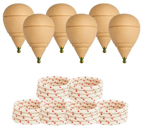 Peonza Madera para Niños Pack 6 Trompos + 6 Cuerdas | Packs de 2-4-6-8-12-16... Unidaes. | Hecho a Mano en España con Punta Redonda.
