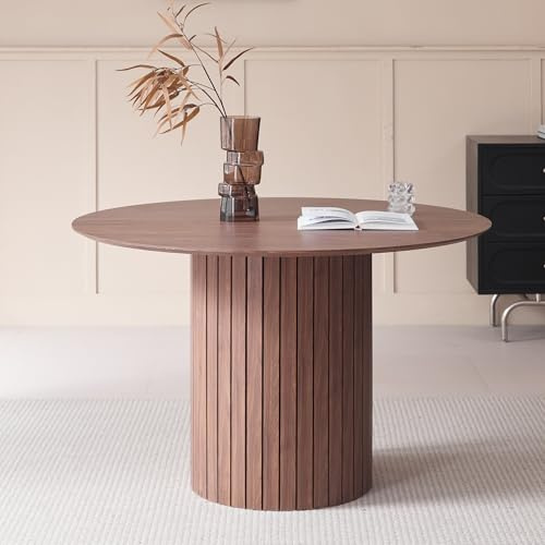 BenyLed Rundt Matbord på 120 cm för 4-6 Personer, Lantligt Köksbord med Cylindrisk Bas, MDF-skiva och Trälistfot (Mörk Träkorn)