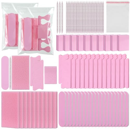 Lanties 50 Sets Disposable Pedicure Kit Individually Package 5 in 1 Pedicure Tools Pumice Stone Nail File 80/100 Grit Mini Buffer Toe Separator Cuticle Pusher Clear Bag for Salon Home(Pink)