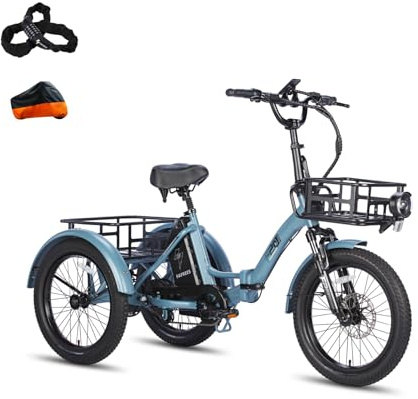 Fafrees F20 Mate Elektro-Dreirad | Klappbar, 48V Akku, 65Nm Motor | 20×3.0 Allwetterreifen, 180kg Lastenfähigkeit, Senioren-E-Bike (18Ah - mit Frontrahmen, Blauer Stil 6)