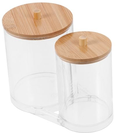 HAMPPLIES Organizador de Bastoncillos de Algodón Transparente con Tapa de Madera Caja de Almacenamiento Acrílica para Maquillaje Multiusos Baño y Dormitorio