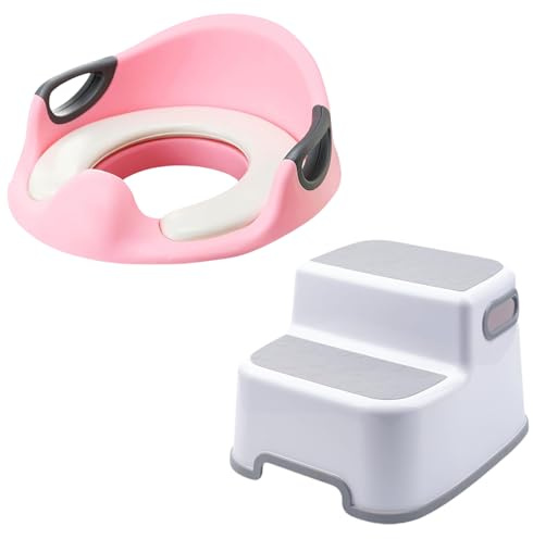 VIROSA Potty Training Seat and Step for Toilet – Adjustable Toddler Toilet Trainer Ladder with Handles & Backrest – Foldable Non-Slip Toilet Training Seat – Fits Round & Oval Toilets (Pink)