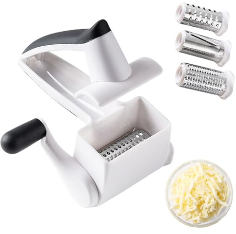 Râpe à parmesan, râpe à fromage avec manivelle en acier inoxydable, moulin à parmesan 3 en 1 avec 3 tambours en acier inoxydable, passe au lave-vaisselle, avec lame en acier inoxydable, pour fromage