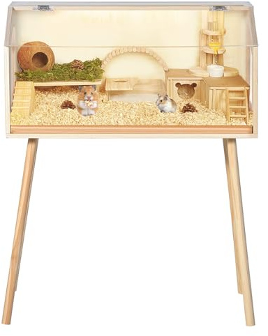 Nagerkäfig aus Holz 82 x 41 x 102cm, Hamsterkäfig mit Klappbarem Deckel & Sichtfenster, Kleintierhaus Mäusekäfig Hamsterkäfig mit Plattformen, Leiter und Hütte für Nager, Mäuse, Zwerghamster