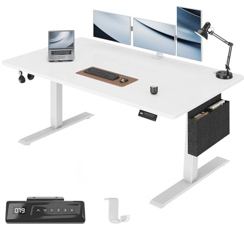 Airfish Höhenverstellbarer Schreibtisch Elektrisch 160x70cm, Stabiler Schreibtisch mit Aufbewahrungstasche, Memory-Funktion mit 4 Höhen, Computertisch für Homeoffice, Stehpult, Standing Desk, Weiß