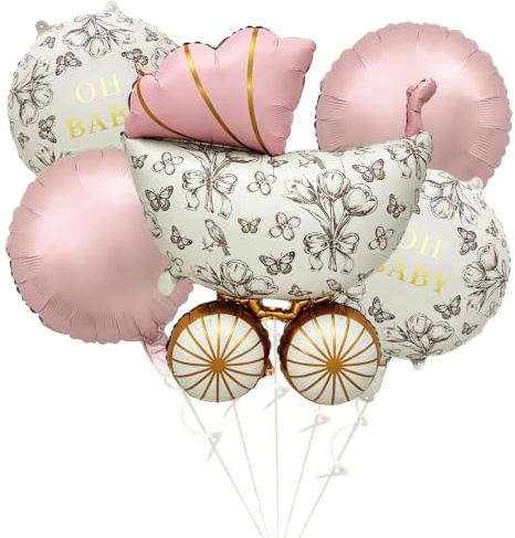 5pcs Oh Baby Foil Balloon Flower Motif Balloon Set Aluminum Foil Baby Stroller Balloons Round Balloons for Gender Reveal Party Decoration Birthdays Party Decoration