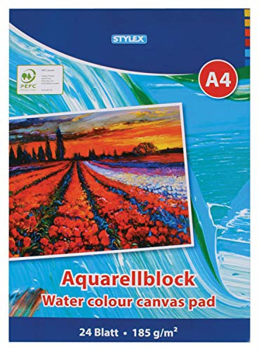 Stylex 28690 - Aquarellblock DIN A4, 24 Blatt 185 g/m², mit Kopfleimung, ideal für Amateur- und professionelle Künstler gleichermaßen